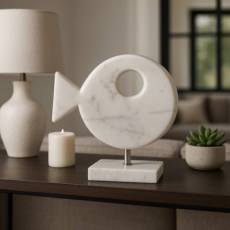 Stylish Marble Fish Figurine Sculpture - 10", White - 9.5"