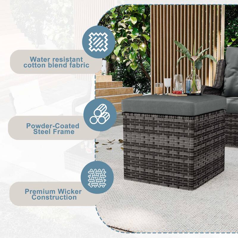 Outdoor Patio PE Wicker Ottoman with Cushion Set of 2