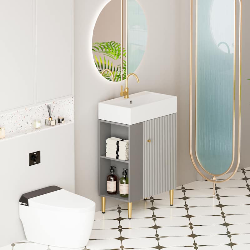 Open-shelving Bathroom Vanity with Ceramic Sink and Soft-Closing Door, Cloakroom Open Shelf Storage Cabinet on the Left Side