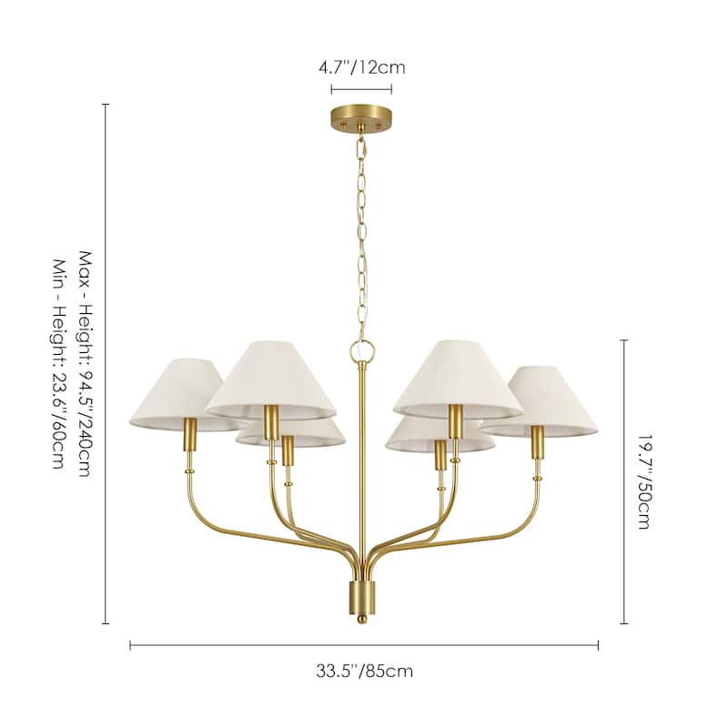 6-Light Mid-Century Modern Brass Chandelier with Beige Fabric Shades - Gold Finish Ceiling Light Fixtur for Living Room