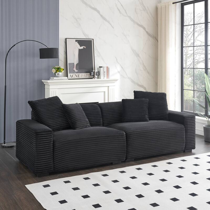 104.72-inch 4-seat Black Corduroy Sofa with 4 Throw Pillows for Living Room