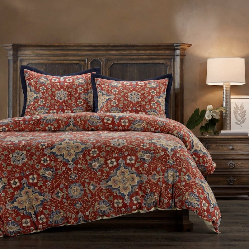 HiEnd Accents Melinda Red/Navy Washed Linen Vintage Floral Medallion 3 Piece Comforter Set