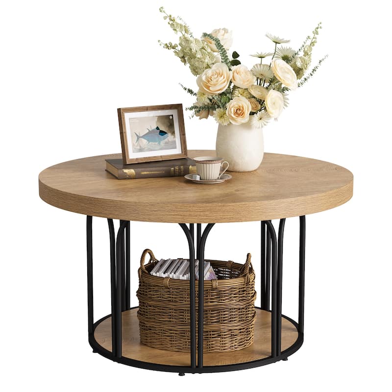35.5'' Round Coffee Table, 2-Tier Circle Coffee Table