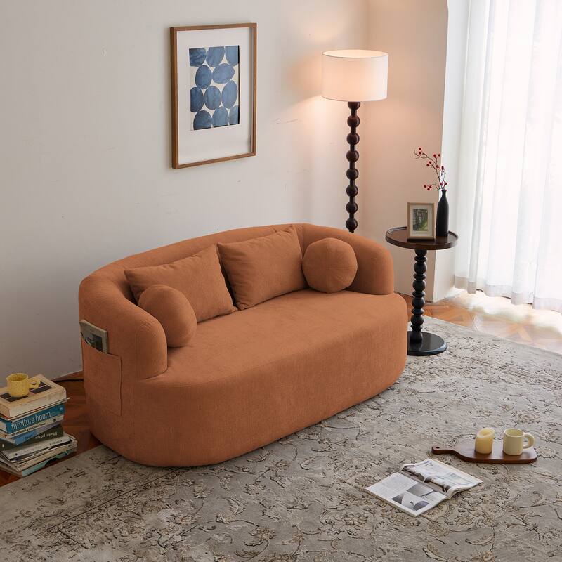 Modern Memory Foam Couch 2-Seater Sofa with 4 Throw Pillows, Round Armrests, for Living Rooms, Bedrooms and Apartments, Orange