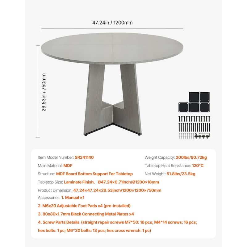 47 in Round Dining Table for Small Spaces 4-6 Person Grey Wood - 47.24 x 47.24 x 29.53 inch