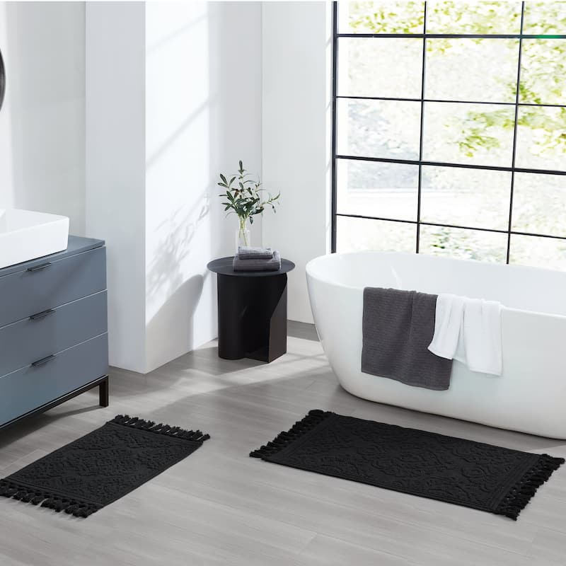 Jean Pierre Ricardo Cotton Fringe 2-Piece Bath Rug Set - 17" x 31"/21" x 41" - Black