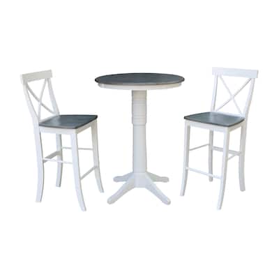 30" round Pedestal Bar Height Table with 2 X-Back Bar Height Stools in White and Heather Gray