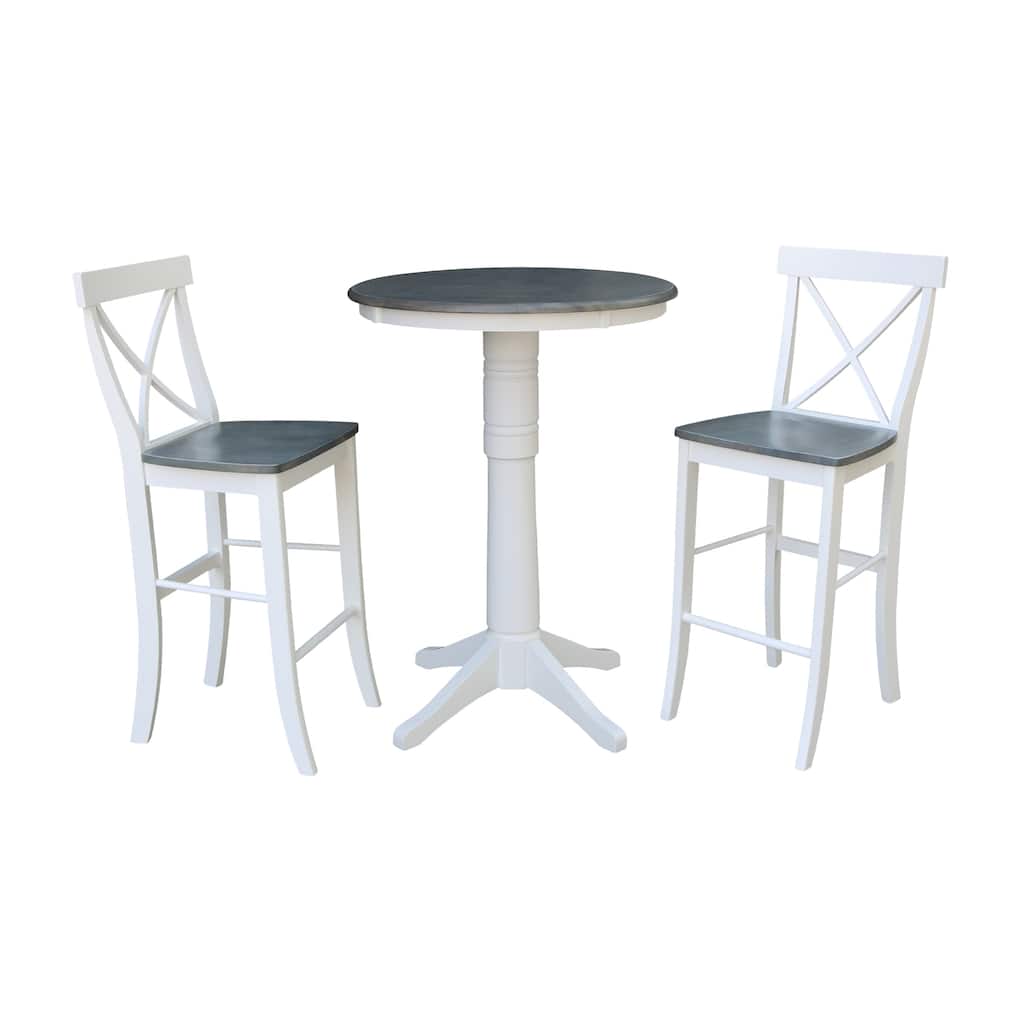 30" round Pedestal Bar Height Table with 2 X-Back Bar Height Stools in White and Heather Gray