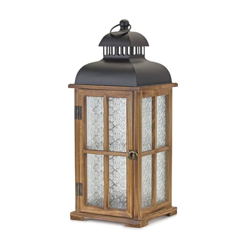 Set of Two Brown and Black Frosted Glass Wood and Metal Floor Lantern Candle Holders