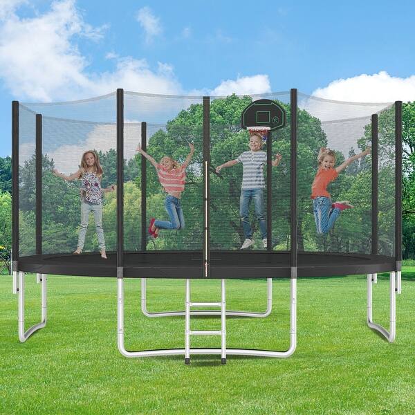 slide 2 of 9, 14ft Trampoline with Enclosure Basketball Hoop and Ladder Easy Assembly for Kids 168 x 168 x 102.36 inch