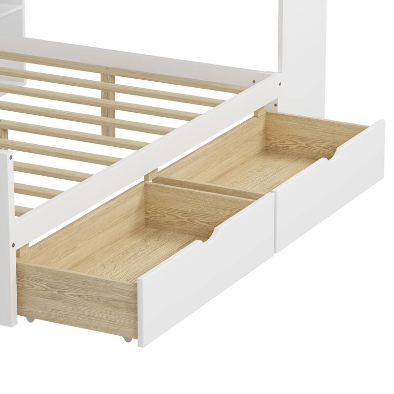 Full Size L-Shape Wooden Daybed with Storage, Desk, and Bookshelf, White