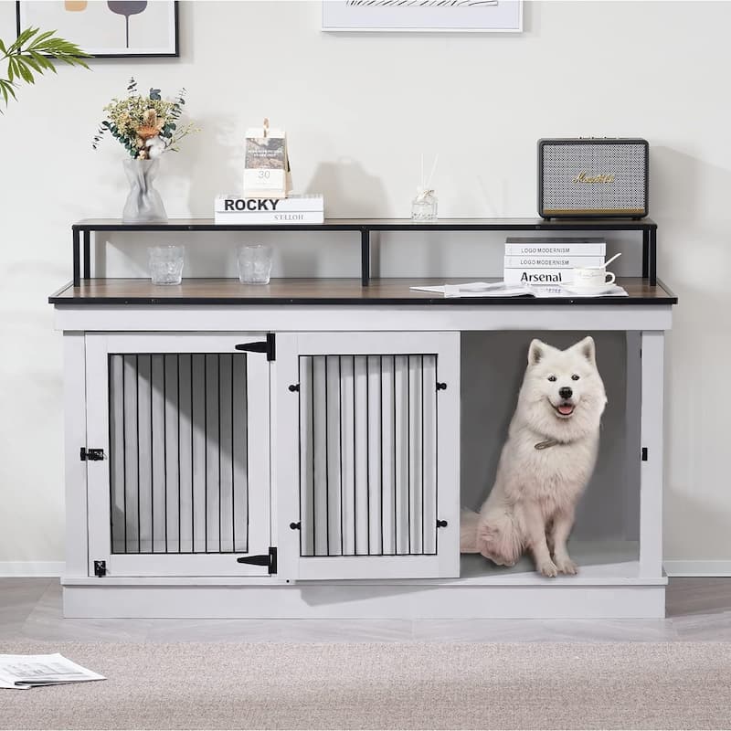 Mcombo Large Dog Crate Furniture TV Stand,Wooden Dog Kennel with Double Doors 1861