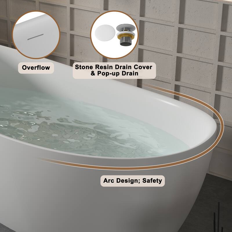 CASAINC Resin Stone Solid Surface Soaking Stand Alone Bathtub Freestanding Bathtub in Matte White