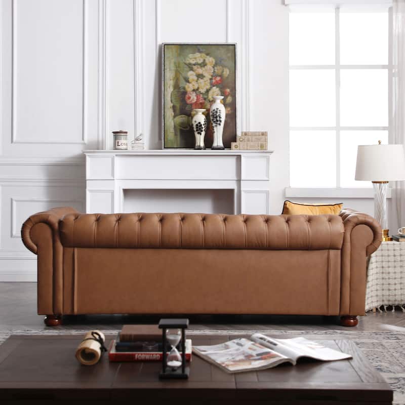 Faux Leather Upholstered 3-Seater Living Room Sofa with Button and Copper Nail on Arms, Classic Chesterfield Sofa