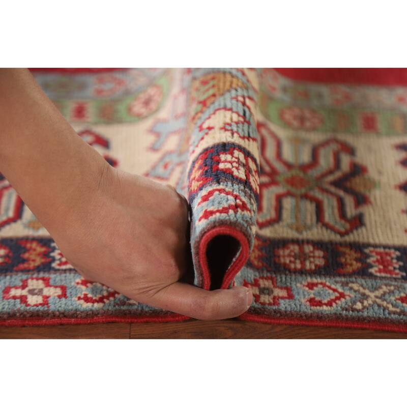 Hand Knotted Oriental 100% Wool Carpet Traditional Geometric Red Kazak Area Rug - 9' 8'' X 6' 3''