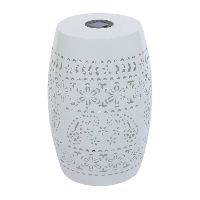 Roomfitters Solar Powered Garden Side Table, Metal Outdoor End Table with Decorative Floral Cutouts and LED Light, White