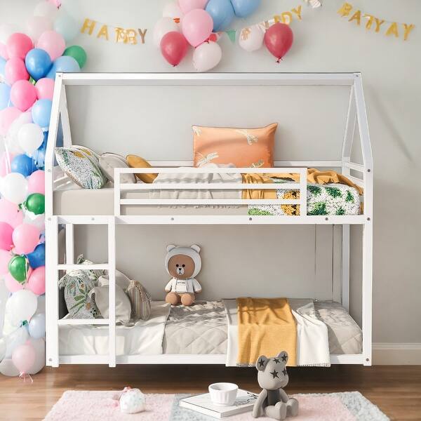slide 2 of 14, Twin over Twin House Bunk Bed With Built-in Convertible Ladder for Home White