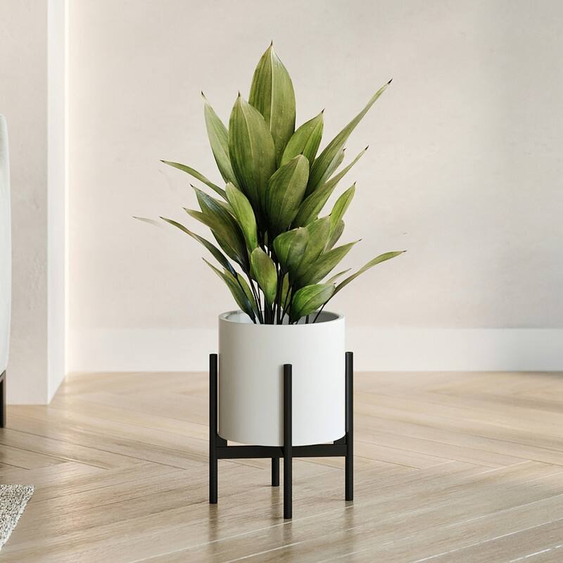 Raya White Mid-Century Modern Planter with 4-Leg Metal Base - 12" H  x 9.5" W - Black