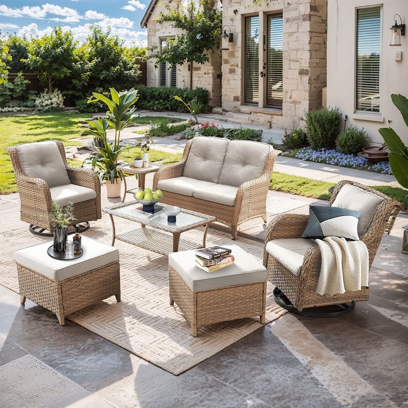 Pocassy Outdoor Sofa Swivel Chairs Table Ottoman 4 Inch Set - Yellow Wicker Beige Cushion - 7 Pieces 2-Seat Sofa Swivel Chair Table Ottoman