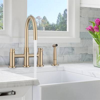 Bridge Kitchen Faucet With Side Sprayer 4 Hole Kitchen Sink Faucet 2 Handle Widespread Traditional Taps WIth Pull Out Sparyer