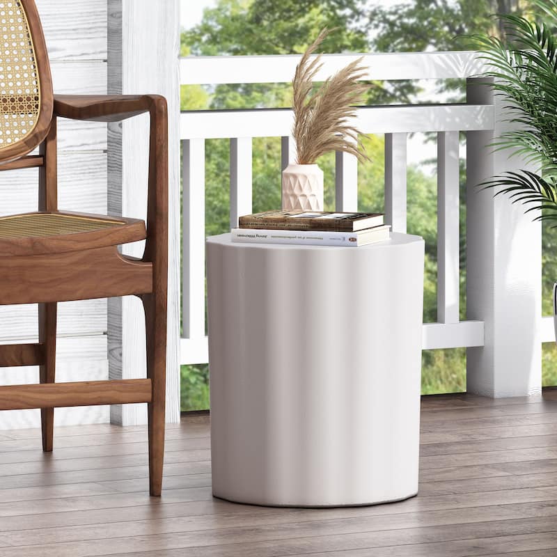 Roomfitters Outdoor Lightweight Concrete Side Table, Round Accent End Table for Patio or Living Room, Antique White