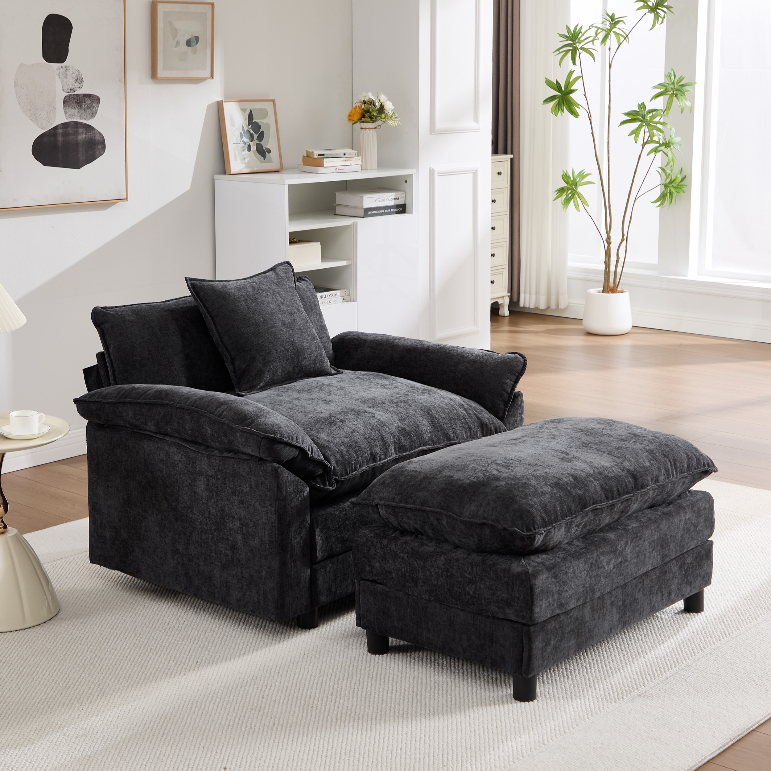 44.5" Modern Accent Chair with Ottoman, Living Room Club Chair Chenille Upholstered Armchair, Reading Chair for Bedroom