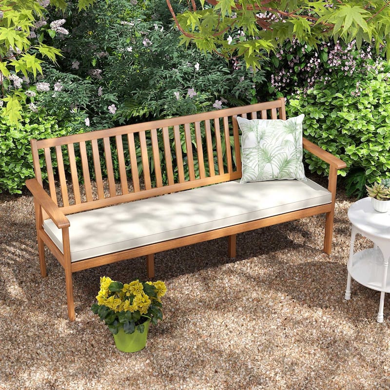 3-Seater Solid Acacia Wood Outdoor Bench with Off-White Cushion and Inclined Backrest - 64"L x 24"W x 31"H