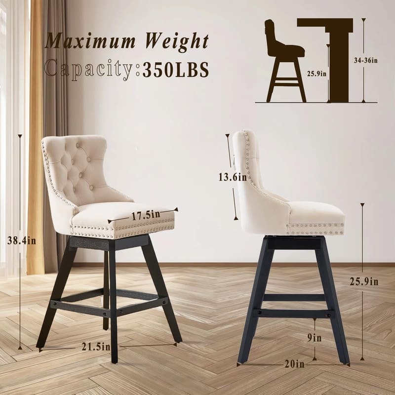 Velvet Wing-Back Tufted Nailhead Upholstered Bar Stools (Set of 4)