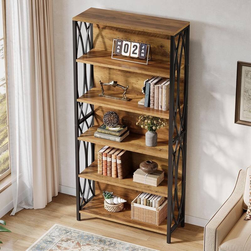 71-Inch Tall Bookshelf with Geometric Metal Frame for Home Office Living Room