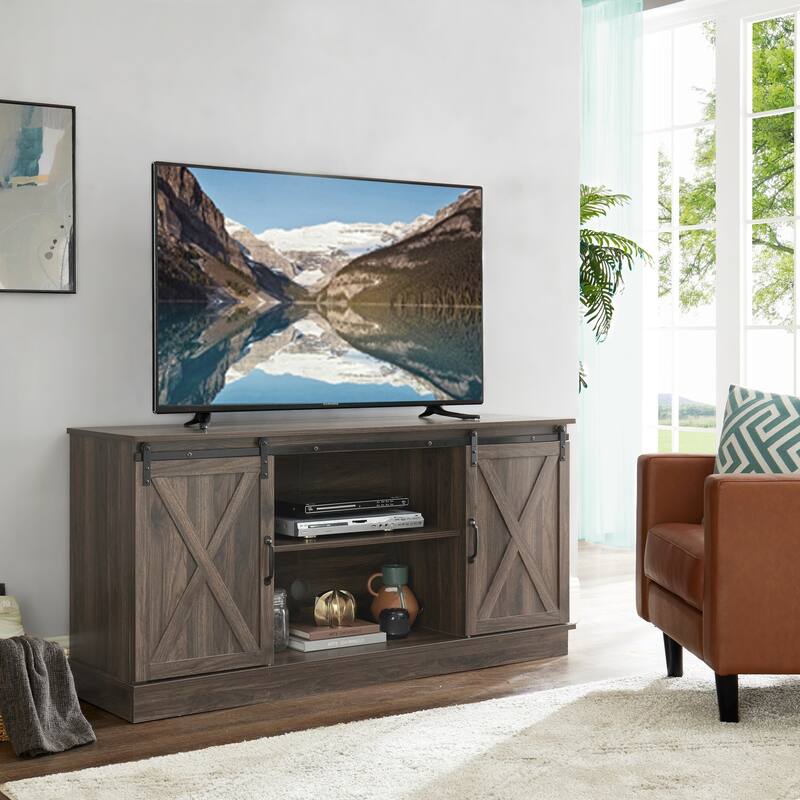 Farmhouse Rustic Wooden 60" TV Stand with Storage Console Cabinet, Sliding Barn Doors Entertainment Center