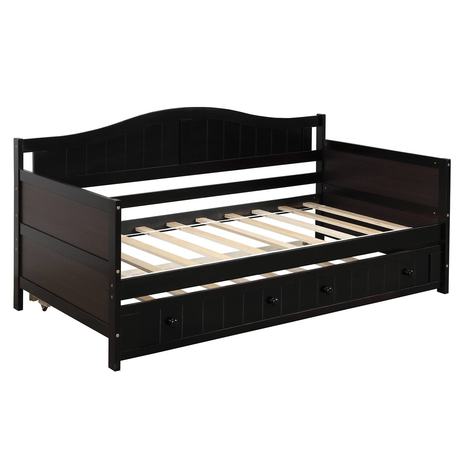 Wood Daybed Twin Size with Trundle Bed, Solid Wooden Sofa Bed Frame