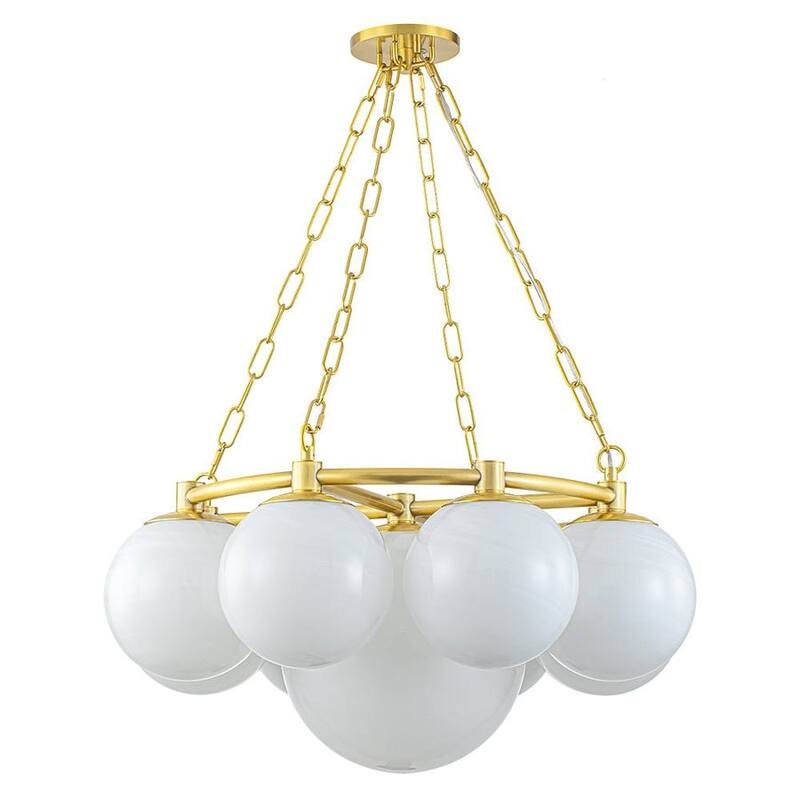 9-Light Mid-century Aged Brass Opal Cloud Glass Dimmable Chandelier