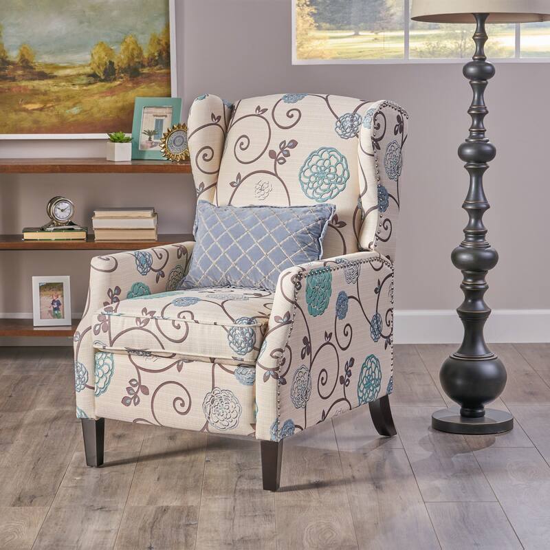 Pushback Recliner Chair, Modern Fabric Wingback Armchair with Nailhead Trim and Wood Legs, Classic Living Room Chair