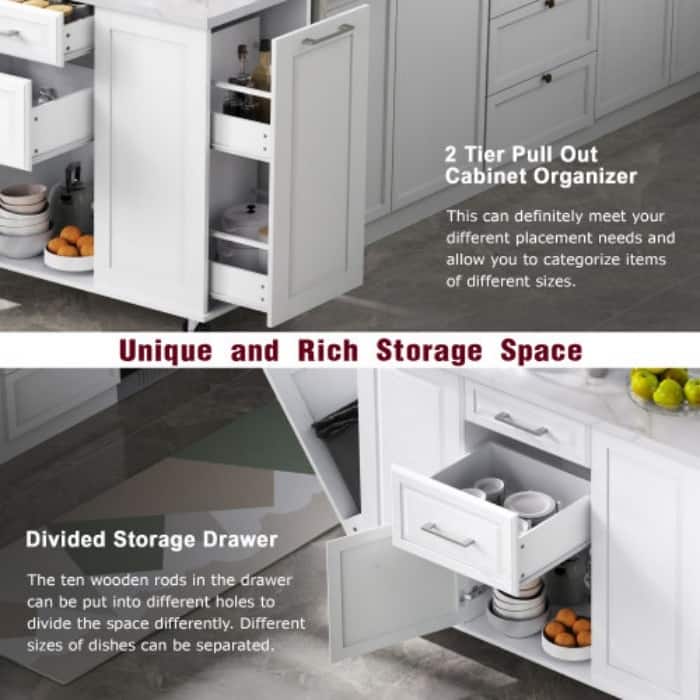 50.7" Rolling Kitchen Island - Drop Leaf, 2 Drawers, Tilt Trash Cabinet & Organizer on 5 Wheels