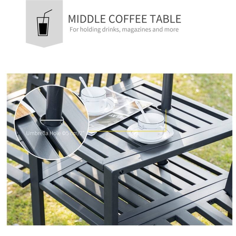 Outdoor Black Metal Garden Loveseat with Tea Table Two Seat Patio Bench for Backyard Porch and Patio - 65" L x 24" W x 33.75" H