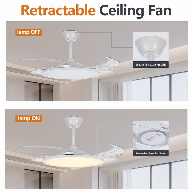 42 Inch Retractable Ceiling Fan,Low Profile Ceiling Fan with Light and Remote