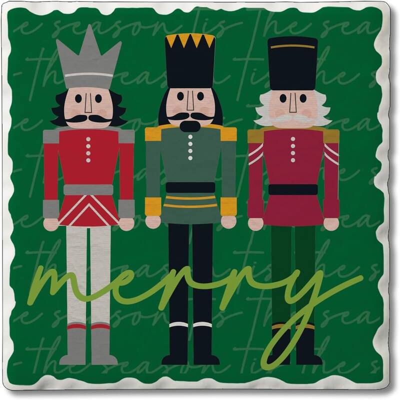 Nutcrackers 4 pack Absorbent Stone Coaster with Protective Cork Backing Made in The USA 4" Square, Artistic, Easily Wipes Clean - Multi