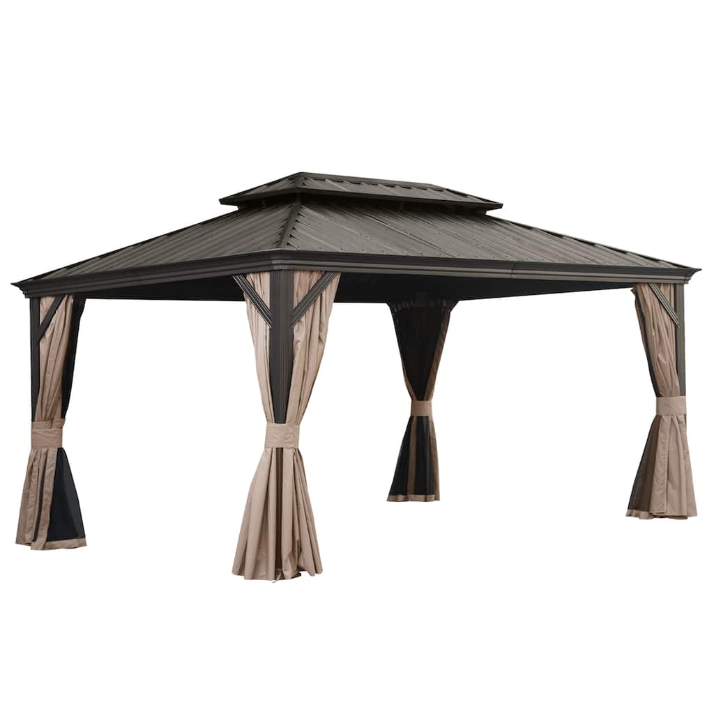 12' X 16' Hardtop Gazebo with Drainage System, Galvanized Steel Roof, Curtains, and Netting for Outdoor Use