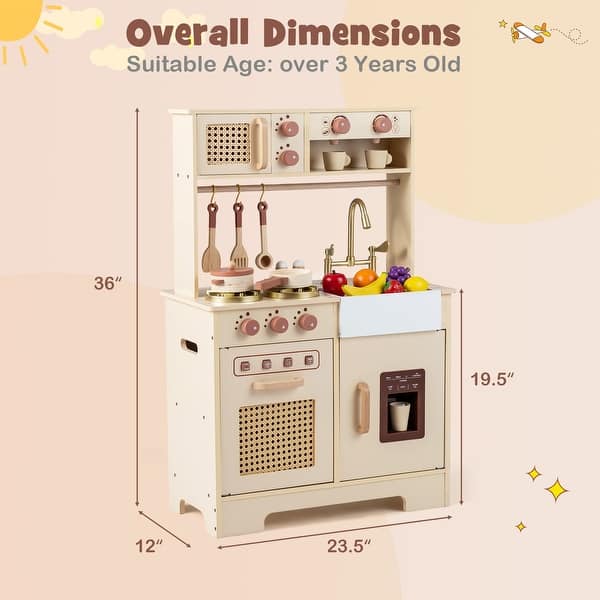 Costway Kids Play Kitchen, Wooden Pretend Kitchen Playset with Rattan - See Details