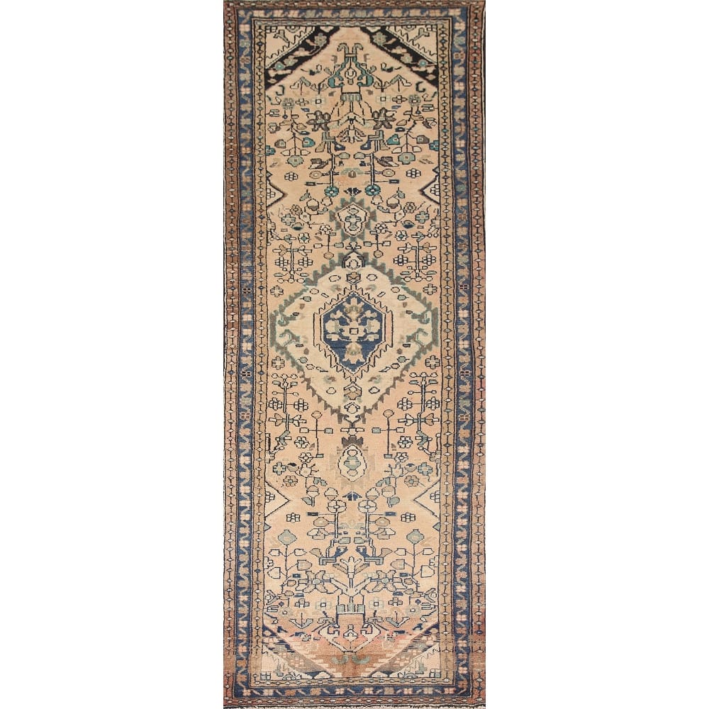 Hand Knotted Oriental 100% Wool Carpet Traditional Floral Peach Hamedan Runner Rug - 9' 7'' X 3' 1''
