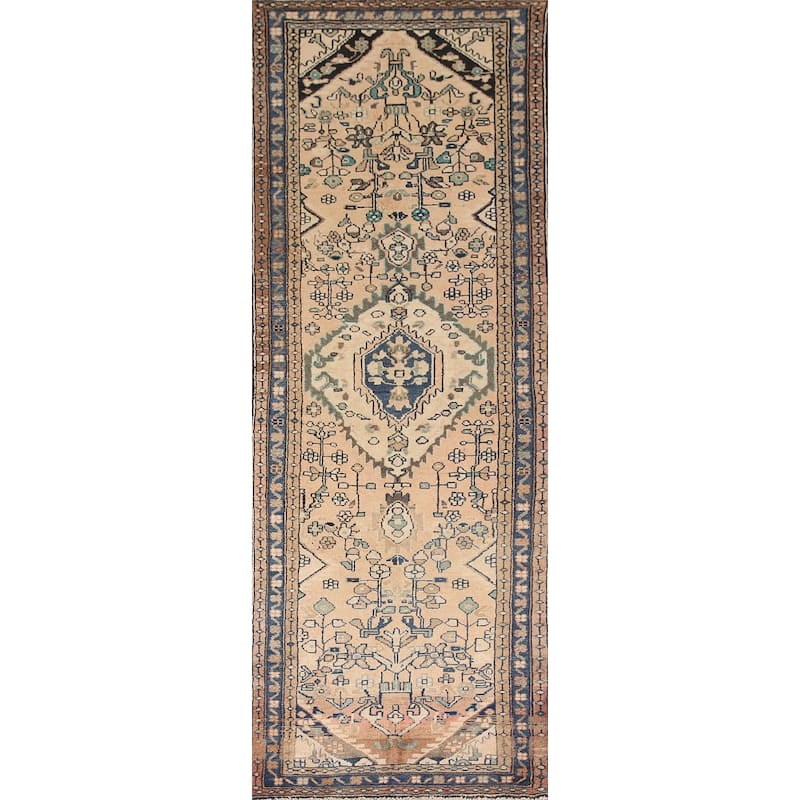 Hand Knotted Oriental 100% Wool Carpet Traditional Floral Peach Hamedan Runner Rug - 9' 7'' X 3' 1''