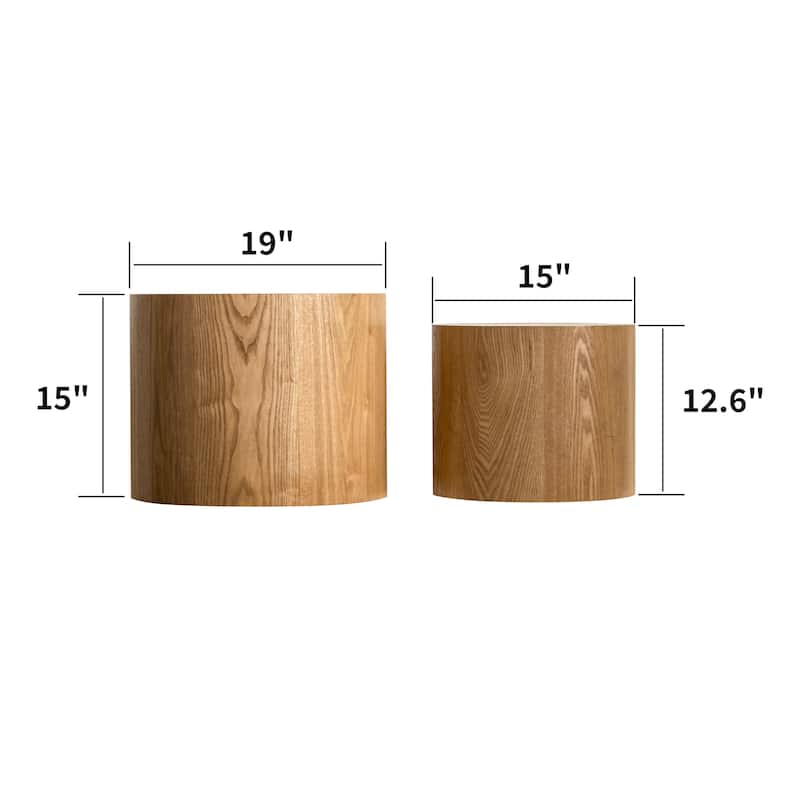 Modern Round Nesting Coffee Table Set of 2, Wooden Drum Accent Tables for Small Spaces