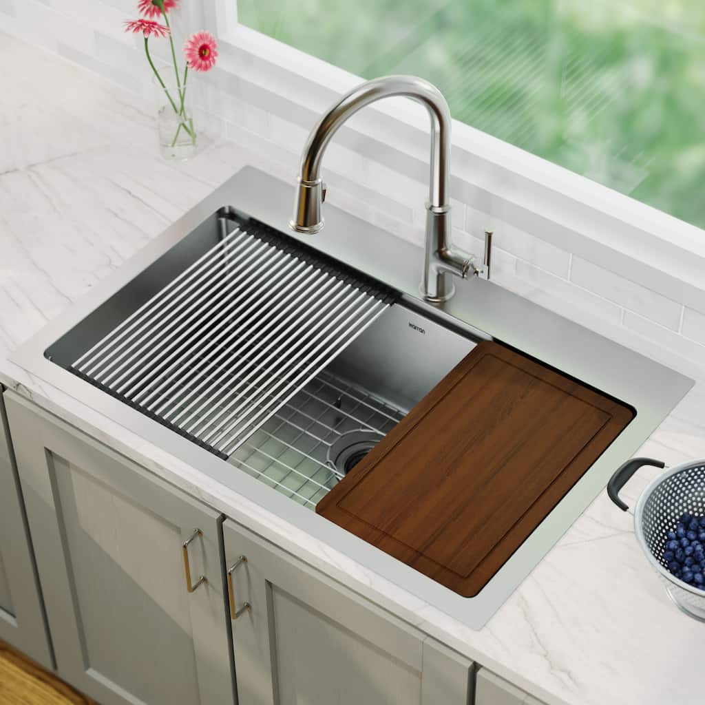 Karran Elite WST-23-PK1 Top Mount 33" Single Bowl Stainless Steel Workstation Kitchen Sink