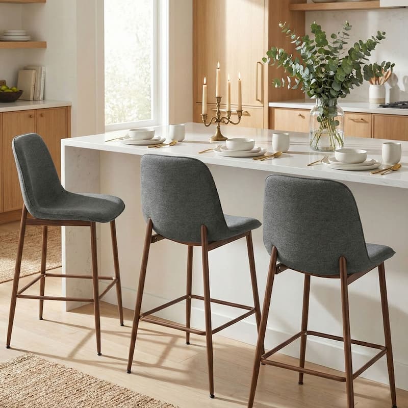26" Seat Height Upholstered Counter Height Bar Stools with Walnut Metal Leg (Set of 3) - Grey - Counter Height