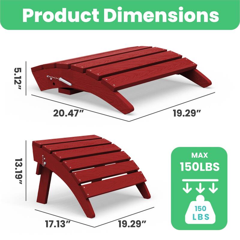 HDPE Folding Adirondack Ottoman, No-Assembly Outdoor Footrest,Fade Resistant Patio Footstool for Adirondack chair