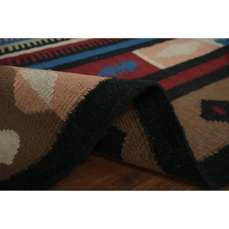 Hand Woven Oriental 100% Wool Carpet Southwestern Tribal Navy Blue & Blues Kilim Area Rug - 9' 11'' X 5' 3''