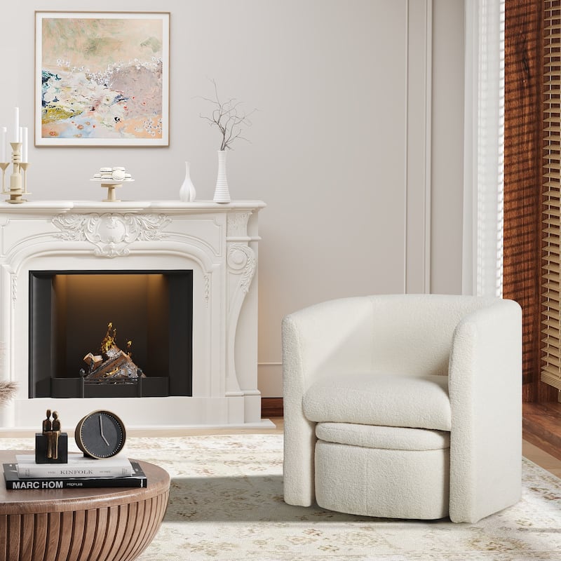 RENEWLINE Sherpa Barrel Chair & Storage Ottoman Set - Plush Compact Accent for Reading Nooks, Cloud-Like Lounge Seat - set of 1 - Cream