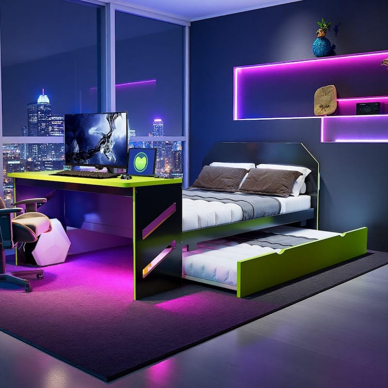 Full Size Daybed with Pull-Out Twin Trundle, Built-In Desk, USB Charging by Harper&Bright Designs - Green