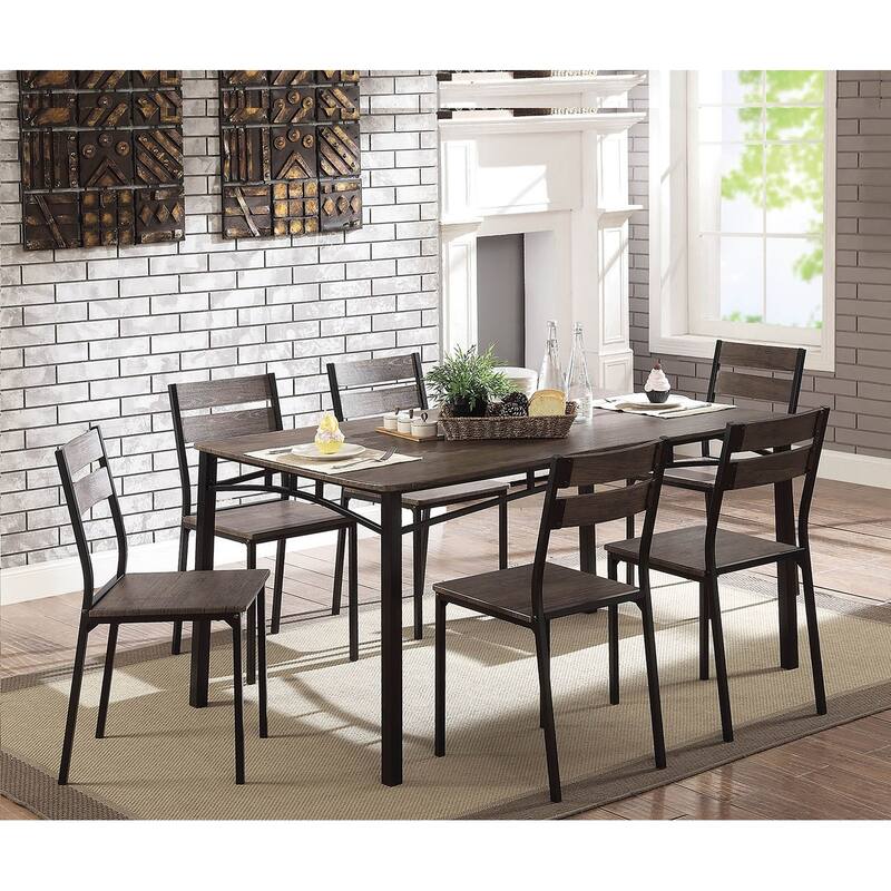 Simple Black Metal Frame Dining 7pc Set Wooden Table Top Dining Table 6x Side Chairs Dining Room