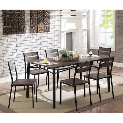 Simple Black Metal Frame Dining 7pc Set Wooden Table Top Dining Table 6x Side Chairs Dining Room